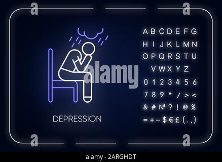 Depression neon light icon. Sad and worried man. Crying person. Chronic exhaustion and fatigue. Mental disorder. Glowing sign with alphabet, numbers a Stock Vector