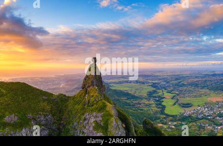 Panoramic of Le Pouce mountain and Pieter Both towards the Indian Ocean sunset, aerial view, Moka Range, Port Louis, Mauritius, Africa Stock Photo