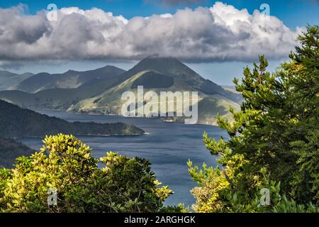 Mount Shewell, over Fitzroy Bay, view from Croisilles French Pass Road, near village of Elaine Bay, Marlborough Region, South Island, New Zealand Stock Photo