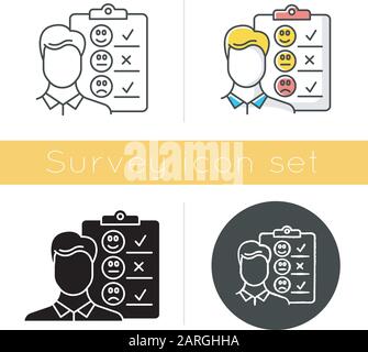 Personal interview icon. Survey questionnaire form. Customer service rating. Employee satisfaction. Emotional opinion. Glyph design, linear, chalk and Stock Vector