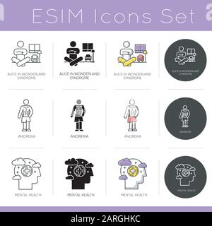 Mental disorder icons set. Alice in wonderland syndrome. Anorexia nervosa. Mental heatlh. Psychological support. Flat design, linear, black and color Stock Vector