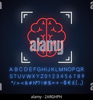 Brain scan neon light icon. Neuroimaging. Nervous system structure analysis. Medical procedure. Neurology. Glowing sign with alphabet, numbers and sym Stock Vector