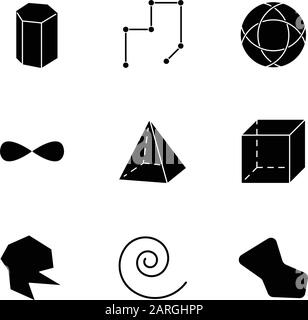 Geometric figures glyph icons set. Prism model. Connected lines. Striped circle. Eternity sign. Pyramid, cube. Round abstract shapes. Isometric forms. Stock Vector