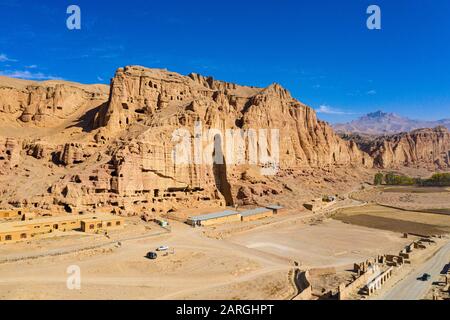 Aerial by drone of the site of the great Buddhas in Bamyan (Bamiyan), taken in 2019, post destruction, Afghanistan, Asia