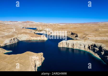 Aerial of the deep blue lakes of the Band-E-Amir National Park, Afghanistan, Asia Stock Photo
