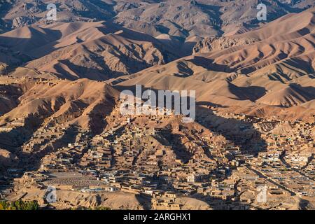 View by drone over Bamyan, Shahr-e Gholghola (City of Screams) ruins, Bamyan, Afghanistan, Asia Stock Photo