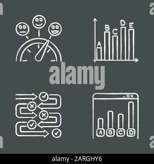 Survey chalk icons set. Satisfaction level. Evaluation scale. Assessment meter. Statistics analysis. Questioning process. Correct and wrong. Online da Stock Vector