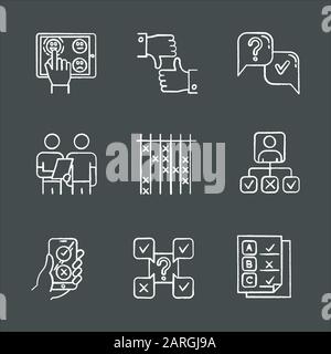 Survey chalk icons set. Choose satisfaction level. Online feedback. Like and dislike. Question and answer. Interview. Oral survey. Personal profile. T Stock Vector