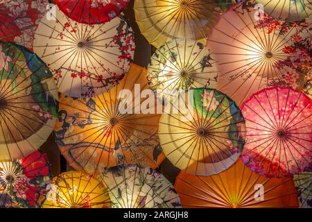 Umbrellas in Kuanxiangzi Alley, Chengdu, Sichuan Province, People's Republic of China, Asia Stock Photo