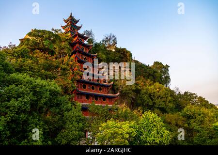 View of Shi Baozhai Pagoda on Yangtze River near Wanzhou, Chongqing, People's Republic of China, Asia Stock Photo