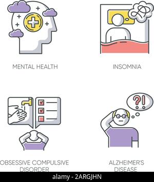 Mental disorder color icons set. Insomnia and sleep deprivation. Obsessive-compulsive syndrome. Alzheimer's disease. Dementia from old age. Psychologi Stock Vector