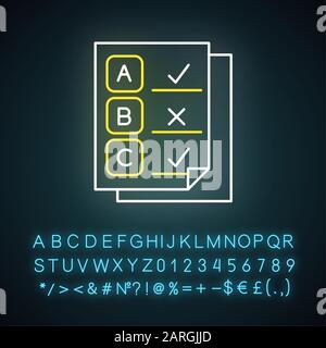 Written survey neon light icon. Exam. Questionnaire page. Choose multiple options. Correct, wrong answers. Data report. Glowing sign with alphabet, nu Stock Vector