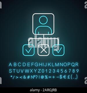Personal profile neon light icon. Survey results. Data collection. Answer review. Questionnaire report. Correct and wrong. Glowing sign with alphabet, Stock Vector
