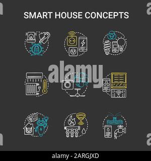 Smart house chalk concept icons set. Innovative technology for apartments idea. Smoke detectors. Climate control. Home automation. Robots and technolo Stock Vector