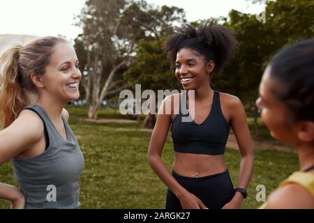 Group of diverse fit and active athletic female friends smiling and having fun together in the park before doing exercise Stock Photo