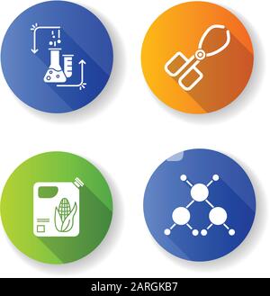 Science development flat design long shadow glyph icons set. Biotechnologies equipment. Experiment methodology. Working in laboratory. Organic chemist Stock Vector