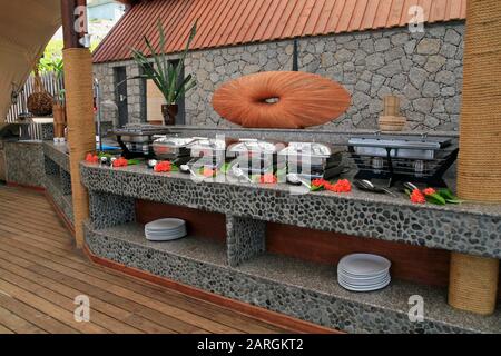 Five Star Hotel Domaine de L'Orangeraie dining hall buffet section, La Digue, Seychelles. Stock Photo