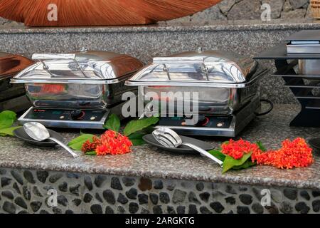 Five Star Hotel Domaine de L'Orangeraie dining hall buffet section, La Digue, Seychelles. Stock Photo