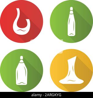Winery flat design long shadow glyph icons set. Bottles and decanters. Wine tableware. Aperitif, alcohol beverages. Restaurant, pub, bar sommelier, ba Stock Vector
