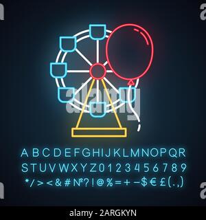 Entertainment industry neon light icon. Recreation area. Amusement park. Funfair. Leisure sector. Ferris wheel, balloon. Glowing sign with alphabet, n Stock Vector