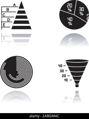 Chart and graph drop shadow black glyph icons set. Pie diagram. Pyramid. Polar watch. Funnel infographic. Marketing conversion strategy. Business mode Stock Vector