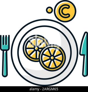 Vitamin C color icon. Sliced lemon on plate. Cut fruit. Eat citrus. Common cold precaution. Flu virus prevention. Grippe cure. Influenza infection aid Stock Vector