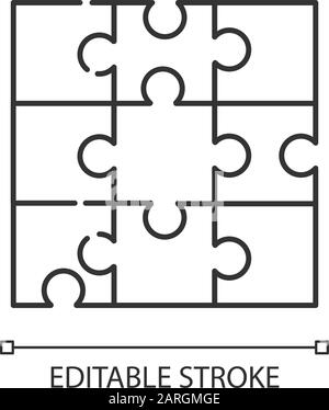 Jigsaw puzzle linear icon. Tiling, assembly game. Interlocking pieces. Ingenuity test. Brain teaser. Thin line illustration. Contour symbol. Vector is Stock Vector