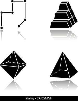 Geometric figures drop shadow black glyph icons set. Connected lines. Stock of dimensional blocks. Pile of bricks. Double pyramid. Abstract shapes. Is Stock Vector