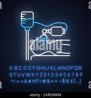 Anesthesia neon light icon. Medical procedure. Apnea stage. Liquid induction. Patient unconscious on bed. Dropper. Glowing sign with alphabet, numbers Stock Vector