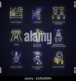 Mental disorder neon light icons set. Depression. Season affective disorder. Stress, PTSD. Antisocial behaviour. Predmenstrual dysphoria. Suicidal fee Stock Vector