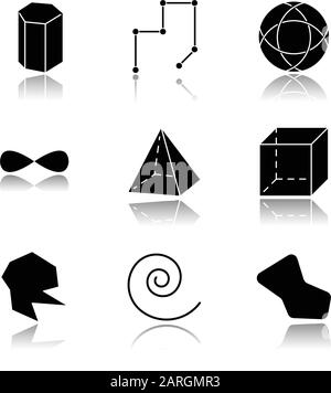 Geometric figures drop shadow black glyph icons set. Prism model. Connected lines. Striped circle. Eternity sign. Pyramid, cube. Round abstract shapes Stock Vector