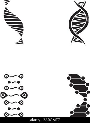DNA strands glyph icons set. Deoxyribonucleic, nucleic acid helix. Spiraling strands. Chromosome. Molecular biology. Genetic code. Genome. Genetics. S Stock Vector