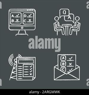 Survey methods chalk icons set. Online, email, internet connection poll. Interview. Public opinion. Customer review. Feedback. Data collection. Isolat Stock Vector