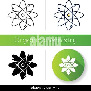 Molecule atom icon. Nuclear energy. Atom core with electrons orbits. Science symbol. Model of particle. Organic chemistry. Flat design, linear, black Stock Vector