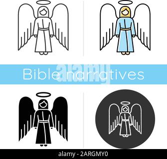 Angel icon. Biblical archangel. Human figure in robe with wings and halo. Christmas holy angel. Gods messenger. Bible narrative. Flat design, linear a Stock Vector