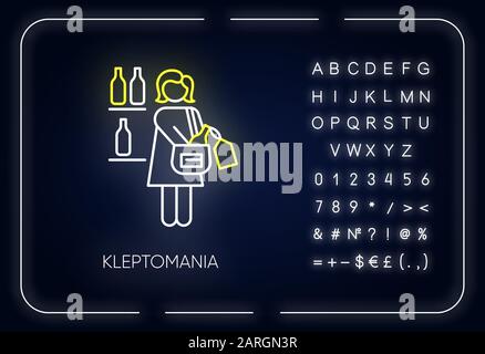 Kleptomania neon light icon. Woman stealing alcohol. Substance abuse. Mental disorder. Person hiding beverage. Glowing sign with alphabet, numbers and Stock Vector