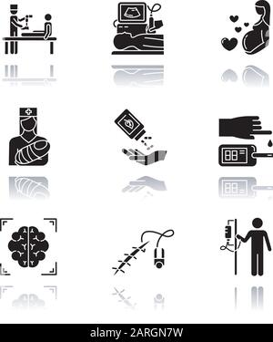 Medical procedure drop shadow black glyph icons set. Prosthetics. Ultrasound diagnostic. Pregnancy, pediatrics. Homeopathy. Blood test. Brain scan. St Stock Vector