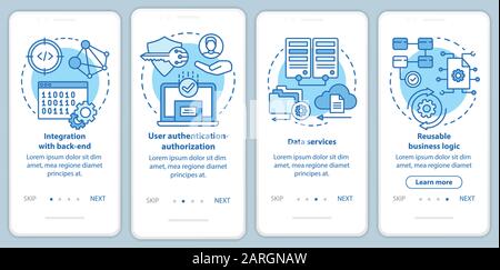 Software development onboarding mobile app page screen vector template. Application programming. Walkthrough website steps with linear illustrations. Stock Vector