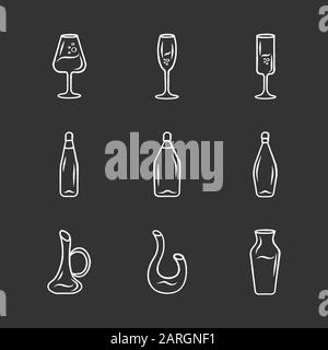 Winery glassware chalk icons set. Different types of wine. Decanters, bottles, glasses. Aperitif drinks, cocktails, alcohol beverages in bar, restaura Stock Vector