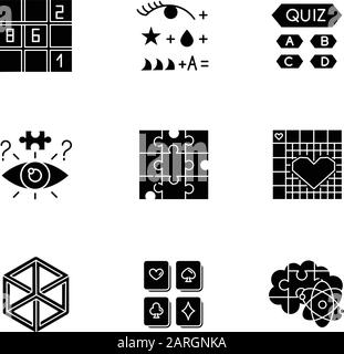 Puzzles and riddles glyph icons set. Sudoku. Trivia quiz. Nonogram. Optical illusion. Jigsaw. Logic games. Mental exercise. Challenge. Brain teaser. S Stock Vector