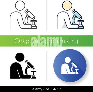 Man with microscope icon. Scientist at work. Organic chemistry. Laboratory research. Conducting experiments. Flat design, linear, black and color styl Stock Vector