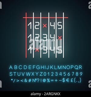 Survey data neon light icon. Info analysis. Number in list. Choose figure. Select option. Testing, exam. Questionnaire. Glowing sign with alphabet, nu Stock Vector