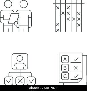 Survey linear icons set. Interview, questioning. Checklist mark. Personal profile. Written test. Select option. Thin line contour symbols. Isolated ve Stock Vector