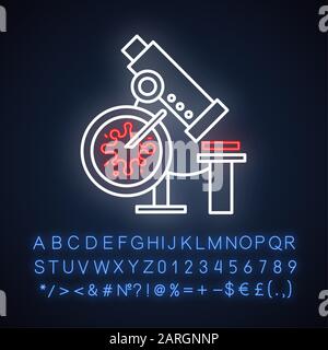 Infection test neon light icon. Medical procedure. Blood culture test. Microscope with sample. Hematology, microbiology. Glowing sign with alphabet, n Stock Vector