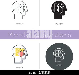 Autism icon. Puzzled mind. Neurology and psychiatry. Children illness support. Different thinking. Asperger. Developmental disorder. Flat design, line Stock Vector