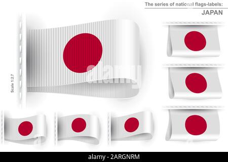 Flag of Japan; Symbol of the japanese national patriotic pride and political power; Sewn clothing label tag from state flag of Nippon-koku Nihon-koku; Stock Vector