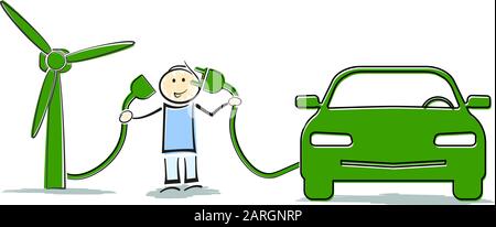 charging electric vehicle with energy from renewable source, clean transportation concept with stickman connecting electric car to wind turbine Stock Vector