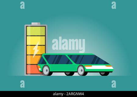 High electric power battery charged energy indicator with lightning icon and green electric car. Modern e-vehicle technology and eco transport technology concept. Vector full accumulator illustration Stock Vector