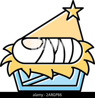 Nursery with baby Jesus yellow color icon. Holy infant in manger on straw under light of Bethlehem star. Christmas. Birth of messiah. Bible narrative. Stock Vector