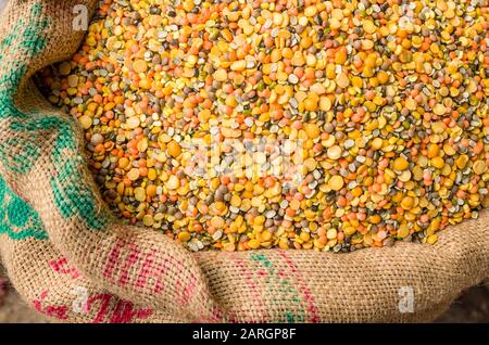 Moong Dhal, Urid Dhal and many more different types of lentils are available on the street market in Paharganj Stock Photo